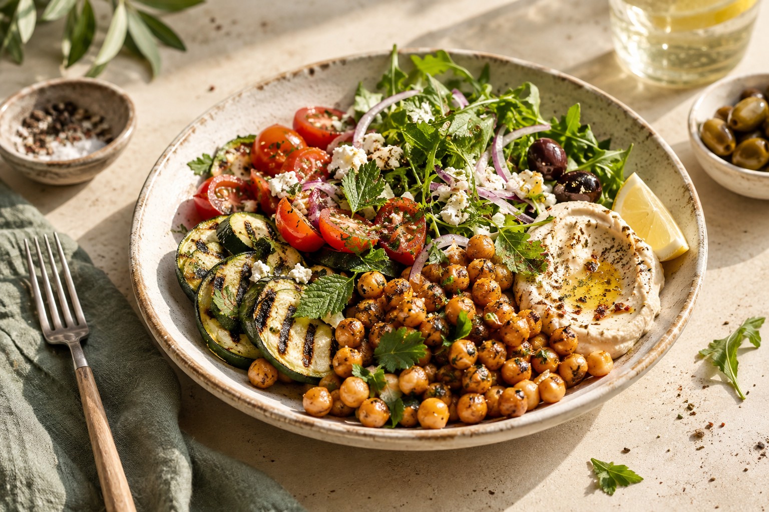 Frischer mediterraner Salat auf einem sonnigen Tisch