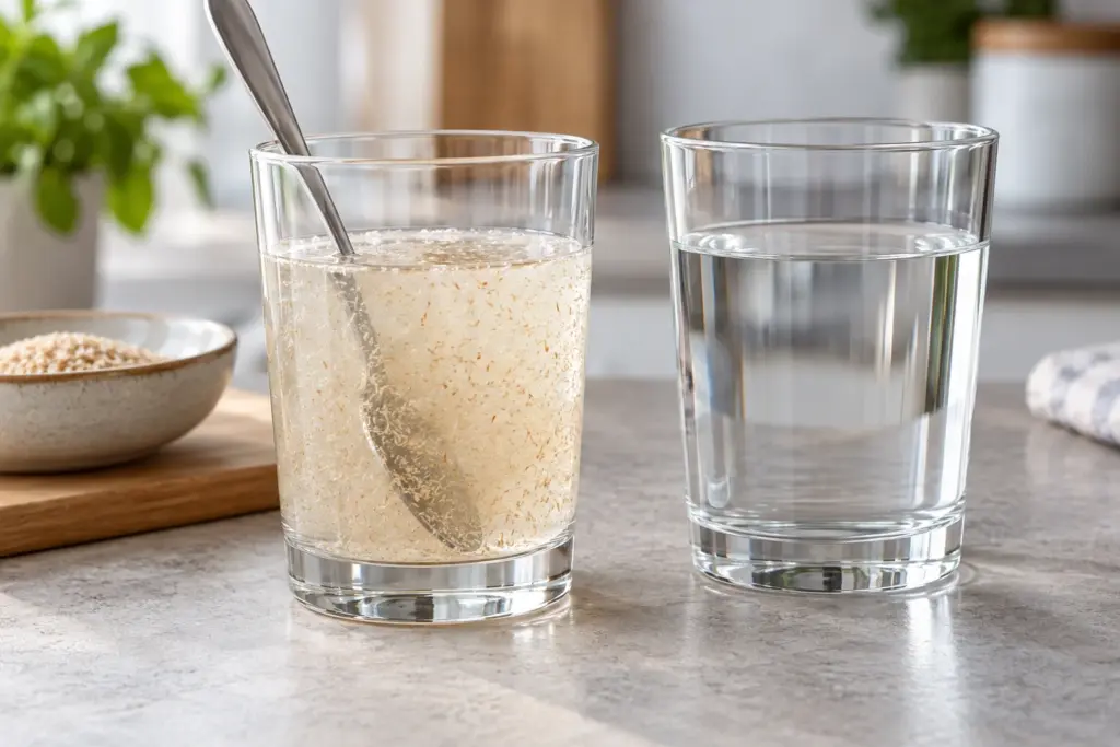 Glas mit angerührten Flohsamenschalen und zusätzliches Wasserglas