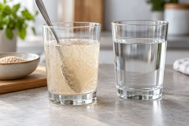 Glas mit angerührten Flohsamenschalen und zusätzliches Wasserglas