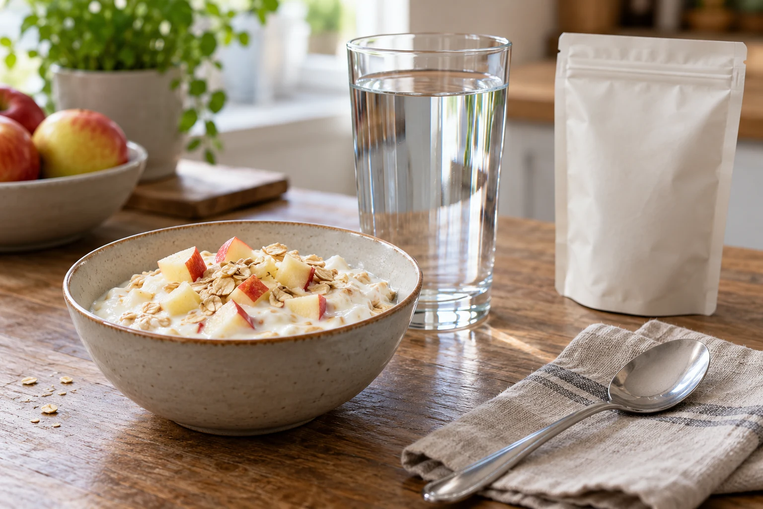 Joghurt mit Haferflocken und Apfel neben Wasser und neutraler Verpackung