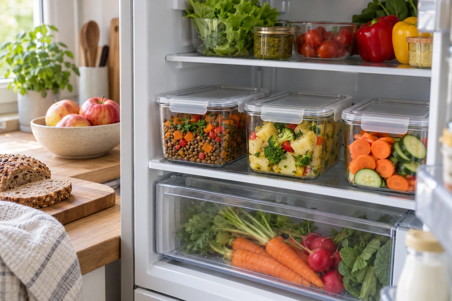 Vorbereitete Mahlzeiten und Zutaten im Kühlschrank