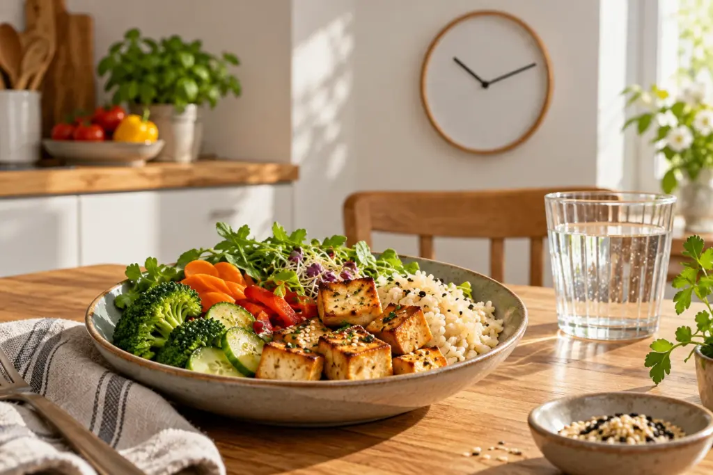 Mahlzeit mit Reis, Gemüse und Tofu vor einer Uhr