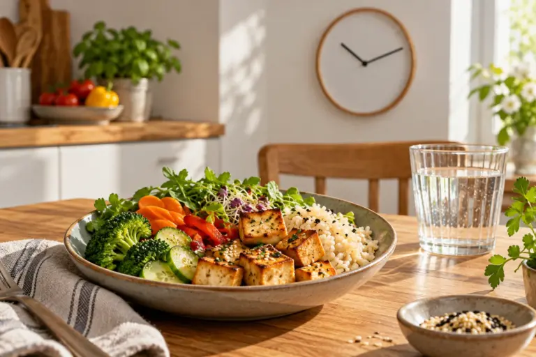 Mahlzeit mit Reis, Gemüse und Tofu vor einer Uhr
