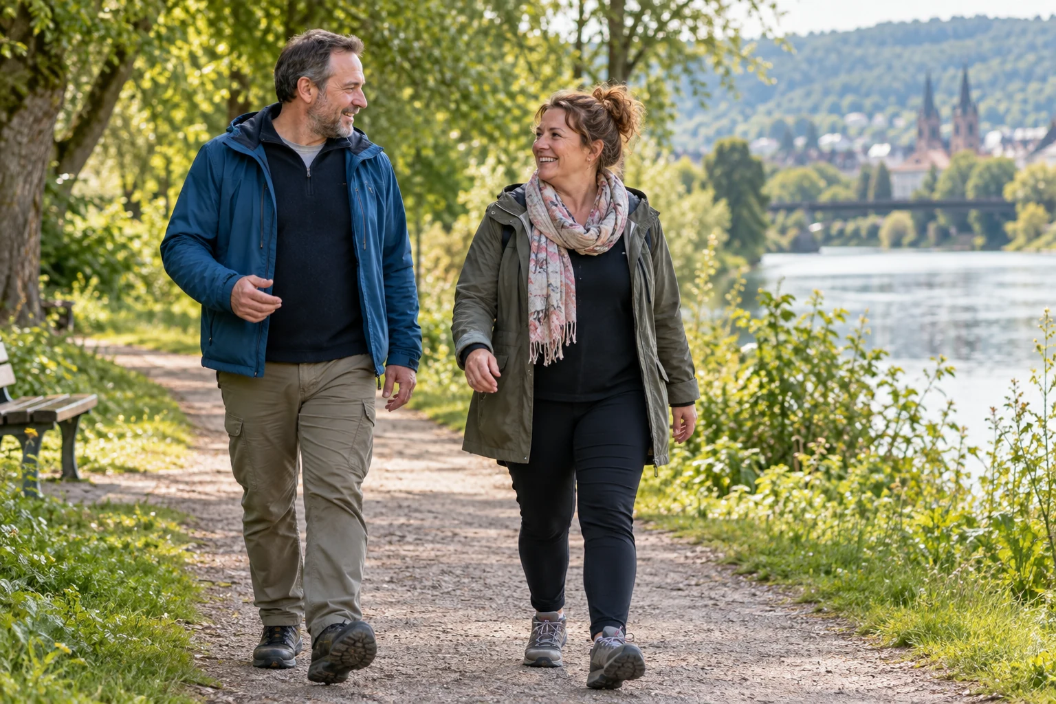 Zwei Erwachsene gehen gemeinsam in einem Park spazieren