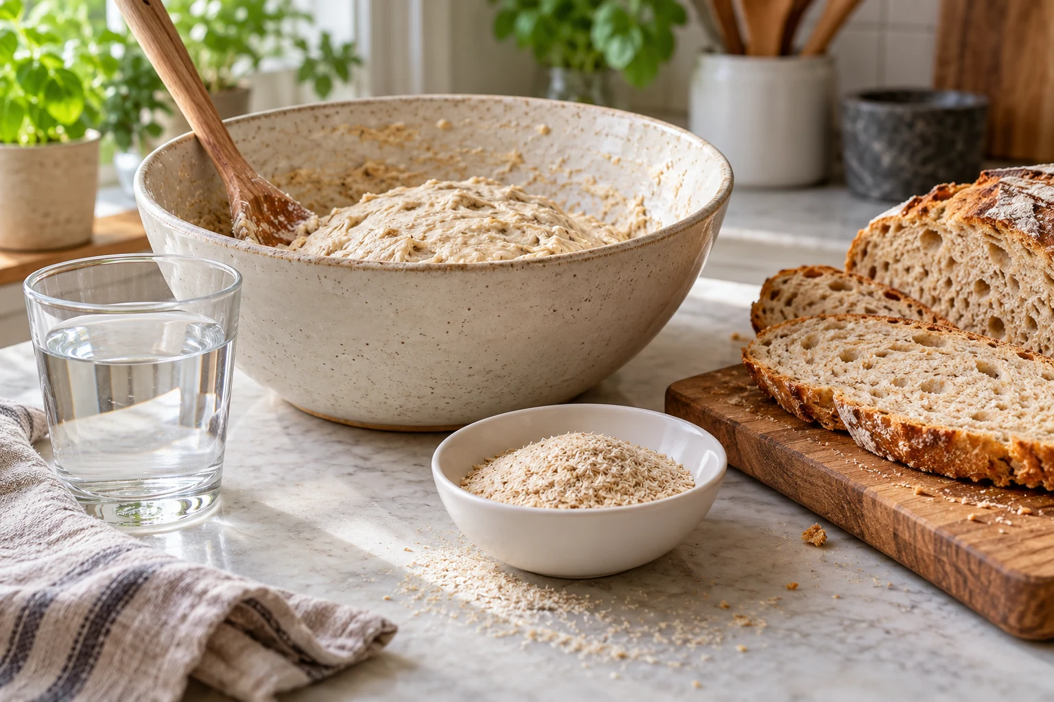 Brotteig, Flohsamenschalen, Wasser und Brotscheiben auf einer Arbeitsfläche