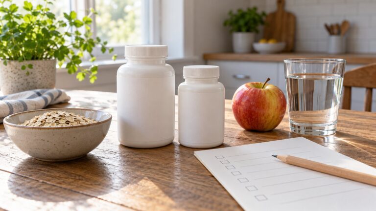 Neutrale Präparatedosen neben Haferflocken, Apfel, Wasser und einer Checkliste